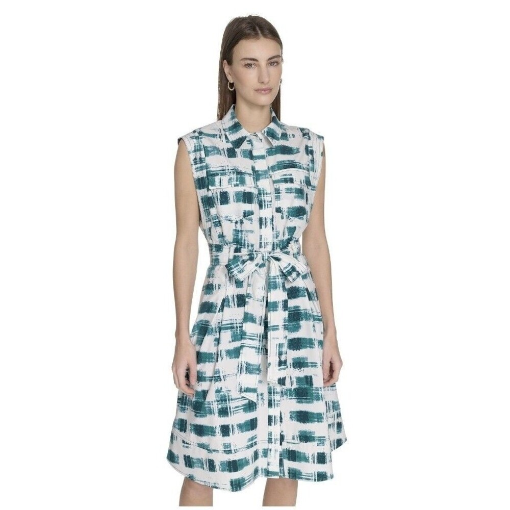 NEW ANDREW MARC WOMENS BELTED SHIRT DRESS SIZE 10 Green White Button Up - Picture 12 of 12